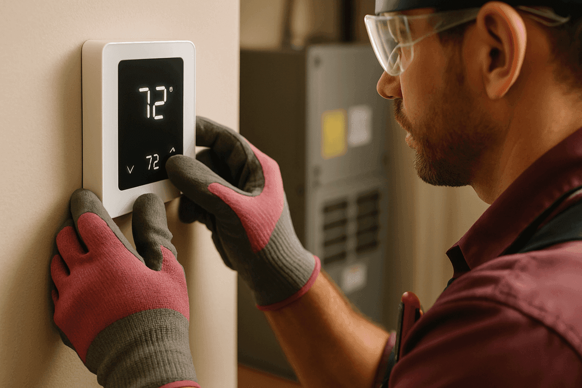 Close-up of HVAC technician’s gloved hands adjusting indoor thermostat with fuchsia uniform accents