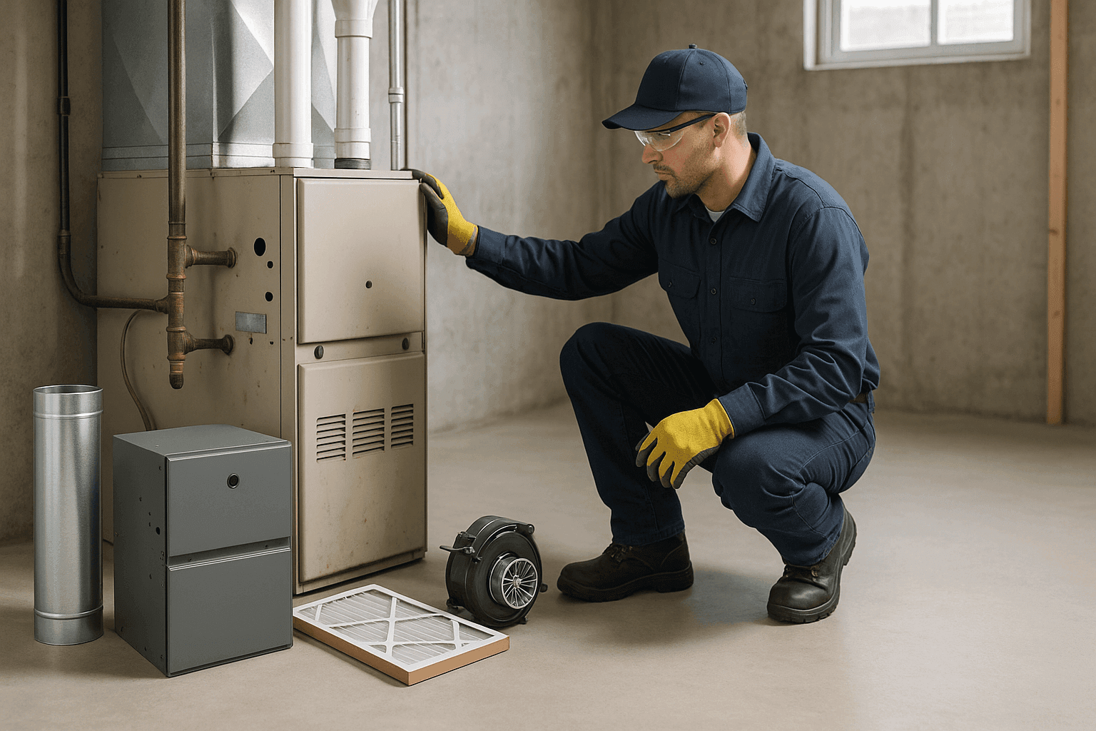 Technician inspecting old furnace with replacement parts nearby