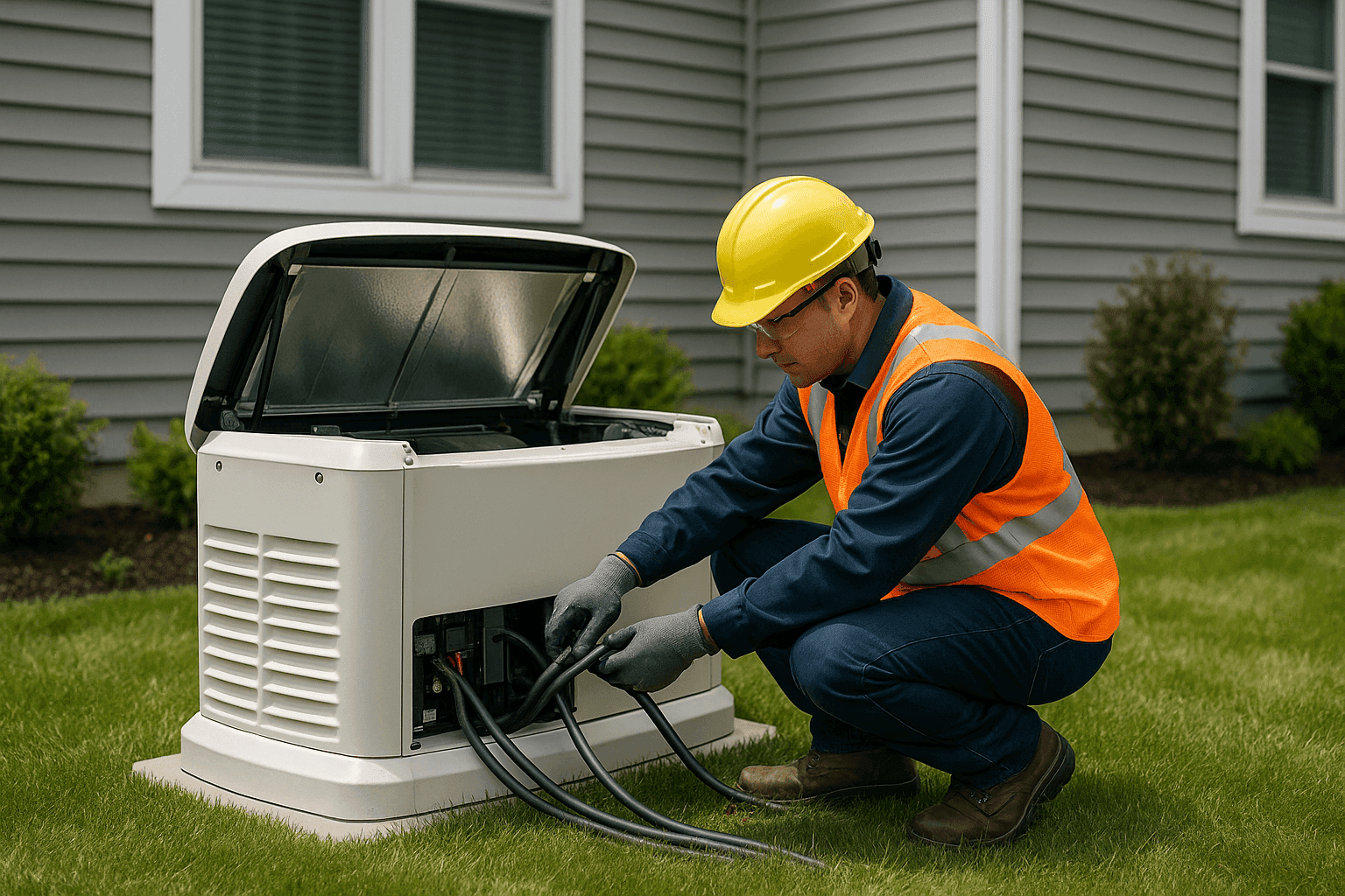 Technician installing standby generator outside residential home