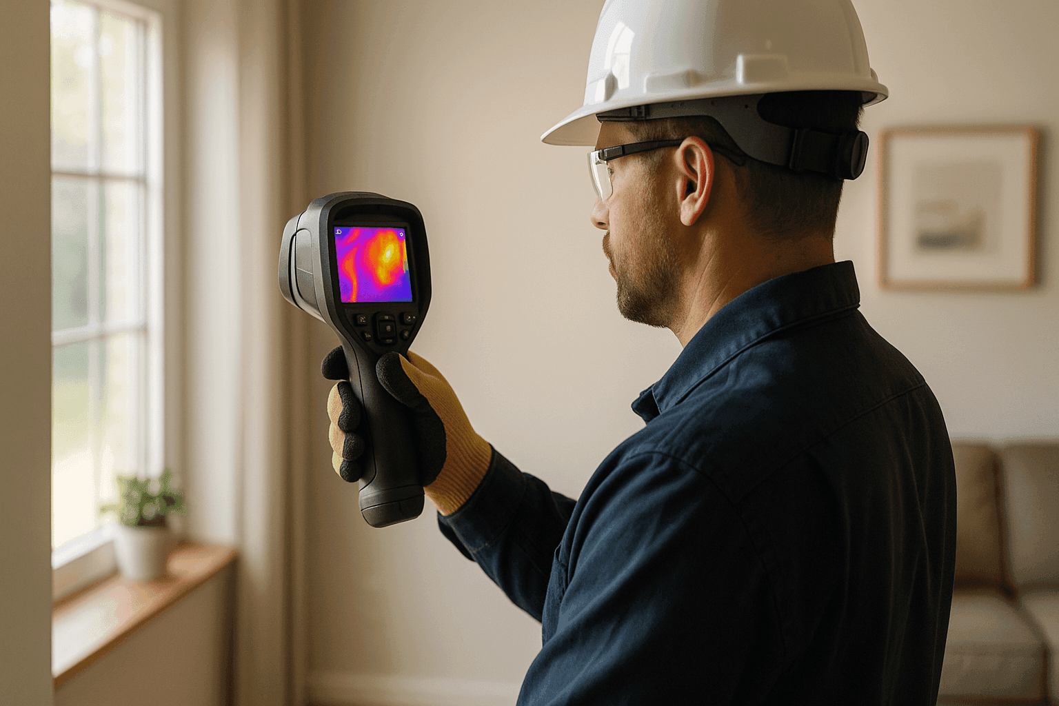 Technician using infrared camera to check insulation in home