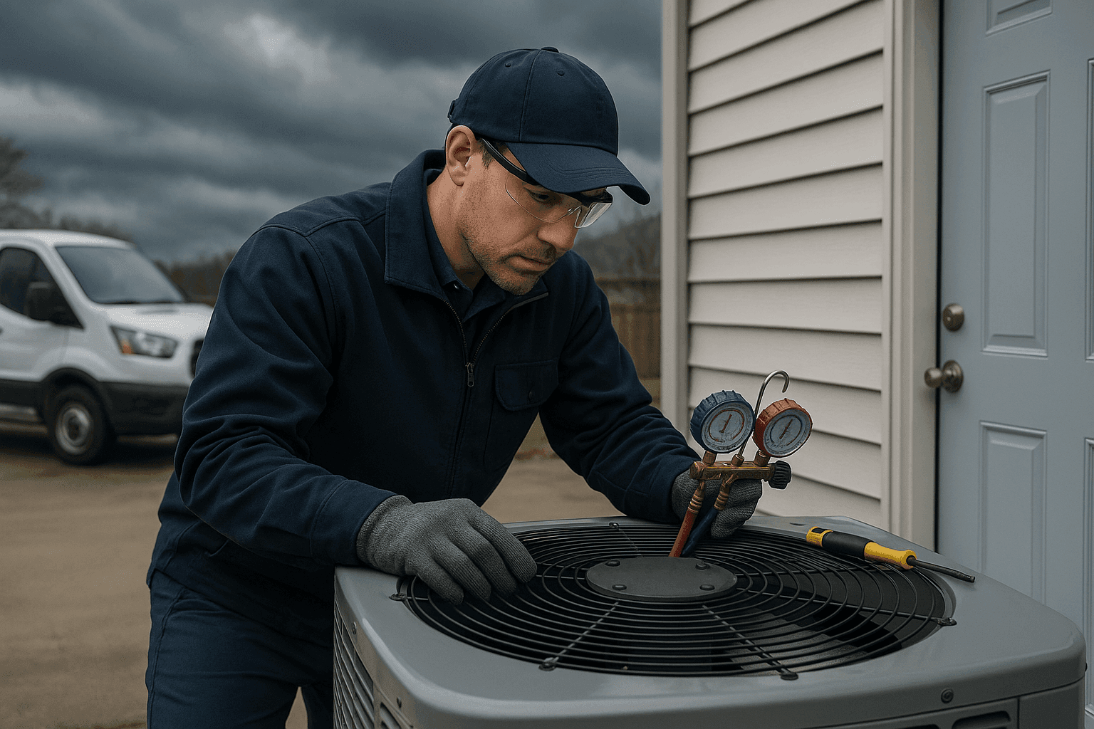 HVAC technician performing emergency preparedness inspection on outdoor unit