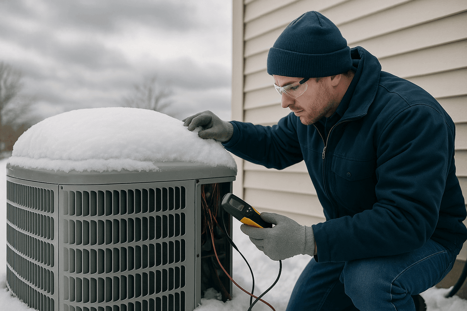 Technician inspecting snow-covered outdoor HVAC unit before winter storm